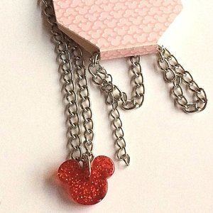 Silver Disney Mickey Mouse Ears Necklace 20" Walt Disneyana World Red Plated